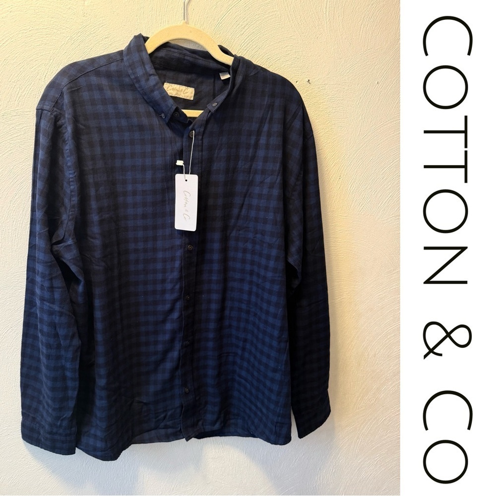 Cotton & Co Navy Blue Plaid Button-Down Shirt Cotton Blend NWT - Picture 2 of 5